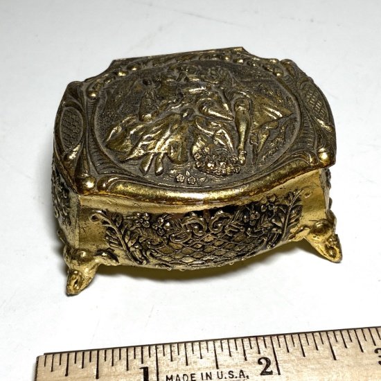 Gold Tone Footed & Lined Trinket Box with Victorian Scene