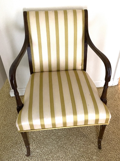 Vintage Wooden Arm Chair with Gold Striped Upholstery