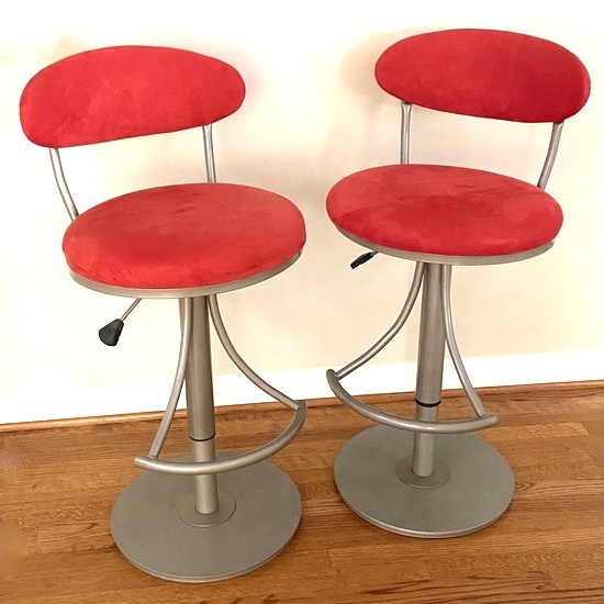 Pair of Contemporary Adjustable Bar Stools with Red Fabric Seats & Backs