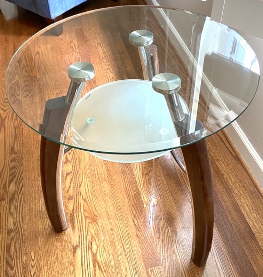 Great Art Deco Glass Top 2-Tier Side Table with Chrome & Bent Wood Legs & Frosted Lower Tier