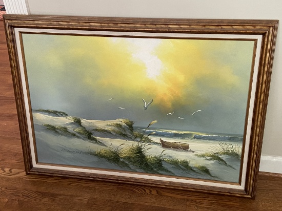 Impressive Beach Dunes Original Oil Painting Signed Adamson in Wooden Frame