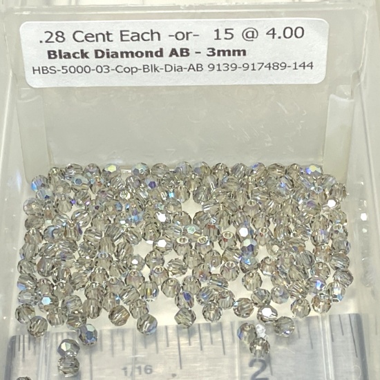 Lot of Swarovski Crystal Beads: 3mm Black Diamond AB HBS-5000-03-Cop-Blk-Dia-AB 9139-917489