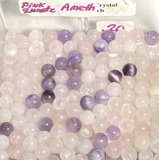 Large Lot of Natural Pink Quartz & Amethyst Round Beads