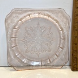 Pink Depression Glass Square Plate with Embossed Floral Design