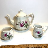 Teapot, Creamer & Sugar with Rose Design