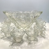 Vintage Glass Punchbowl Set with 12 Cups & Plastic Ladle