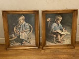 Pair of Vintage Little Girl & Boy Prints in Vintage Wooden Frames