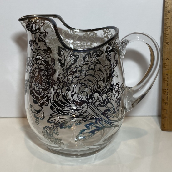Beautiful Glass Pitcher with Silver Overlay Floral Design