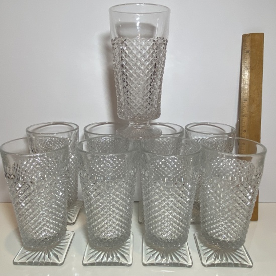 8 pc Glass Tumblers with Square Bases & Diamond Pattern + 1 Round Bottom