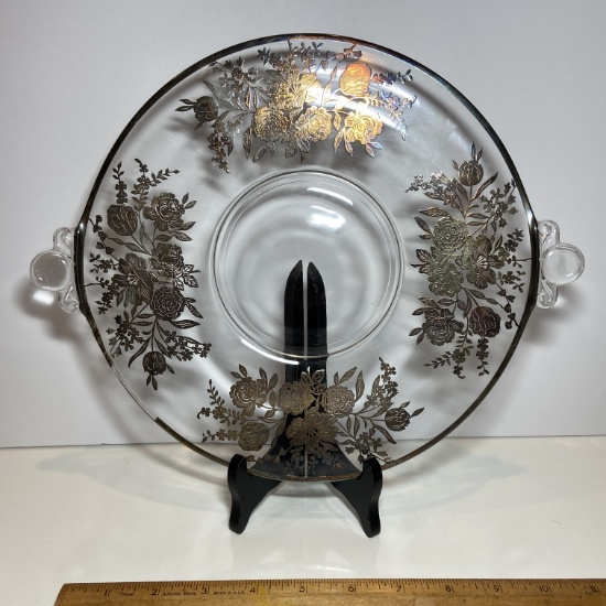 Gorgeous Double Handled Glass Serving Platter with Silver Overlay Floral Design