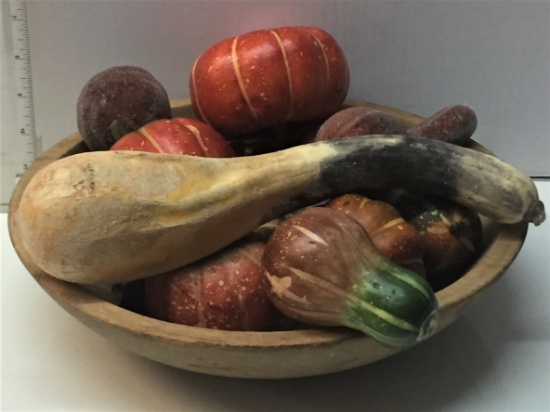 Early Wooden Dough Bowl with Faux Fruit