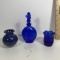 Cobalt Perfume Bottle with Stopper, Pottery Vessel, and Cobalt Candle Votive