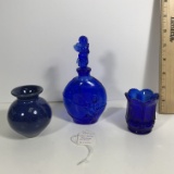 Cobalt Perfume Bottle with Stopper, Pottery Vessel, and Cobalt Candle Votive