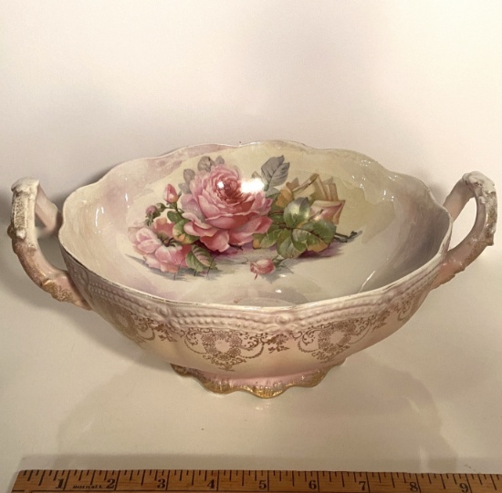 Beautiful Vintage Double Handled Porcelain Bowl with Rose & Gilt Design