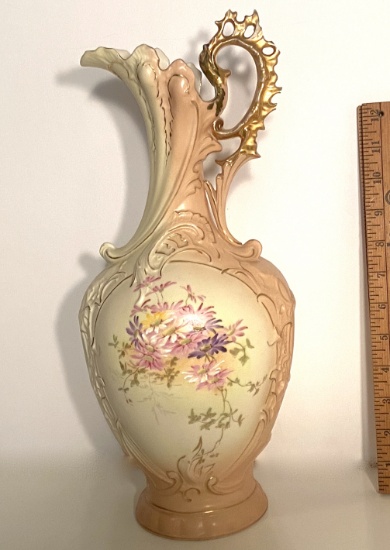 Tall Vintage Robert Hanke Ewer with Hand Painted Floral Design & Gilt Accent