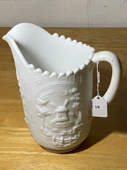 Embossed Doeskin Milk Glass Pitcher with Windmill Scene