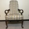 Vintage Upholstered Arm Chair with Decorative Brass Brads & Queen Anne Legs