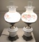 Pair of Vintage Milk Glass Lamps with Brass Bases & Floral Glass Shades