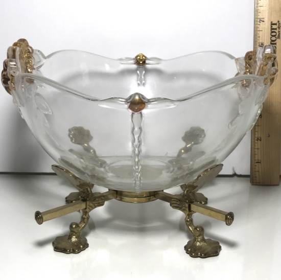 Heavy Glass Bowl with Brass Rose Accent & Stand