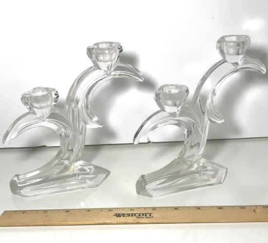 Pair of Glass Double Candle Stick Holders