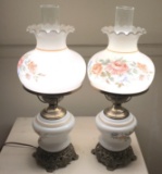 Pair of Vintage Milk Glass Lamps with Brass Bases & Floral Glass Shades