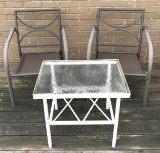 Outdoor Patio Glass Top Table and Two Metal Chairs   