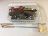 Container of Assorted Stainless Steel Silverware and Vintage Grill Tools