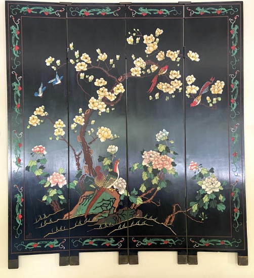 Large Impressive Black Lacquer 4 Panel Coromandel Screen with Hand Painted floral & Bird Design