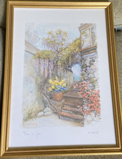 F. Neri Signed Over Printed Signature Framed Watercolor Print