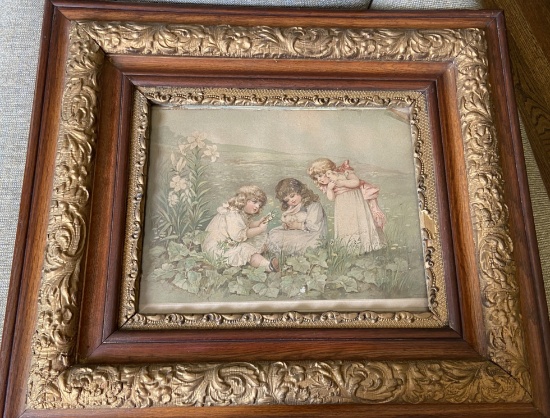 Antique 1890 Print of 3 Girls in Garden in Ornate Wooden Frame with Gilt Accent
