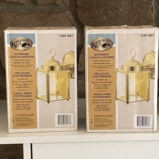 Pair of Hampton Bay Polished Brass Exterior Coach Lanterns in Boxes