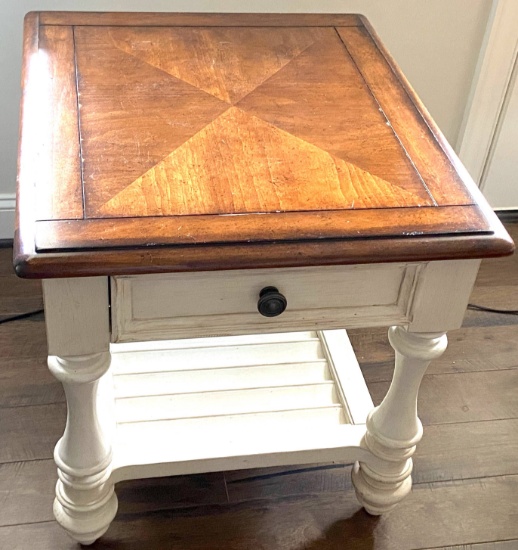 2-Tier White Distressed End Table with Single Drawer by Havertys