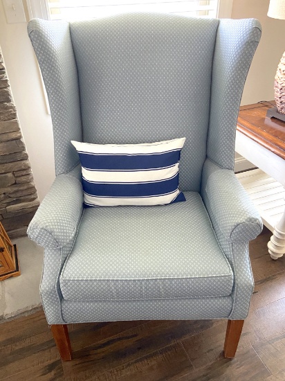 Pretty Blue Wingback Chair with Blue Striped PIllow