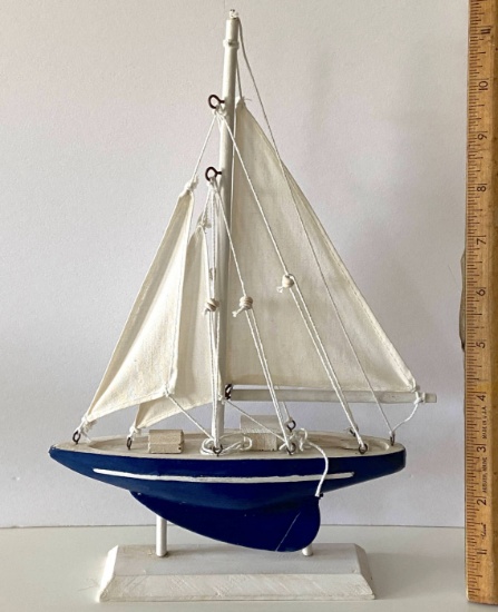 Blue & White Wooden Sailboat Model