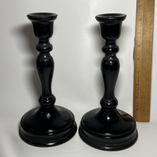 Antique Black Amethyst Glass Candlesticks