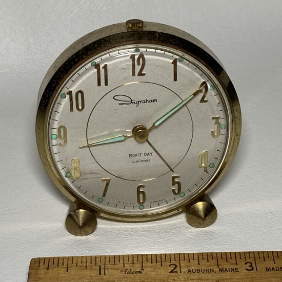 Vintage Ingraham Alarm Clock with Glow-in-the-Dark Hands and Key - Made in Germany