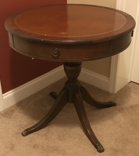 Duncan Phyfe Style Leather Top Round Pedestal Table w/ One Drawer & Claw Feet