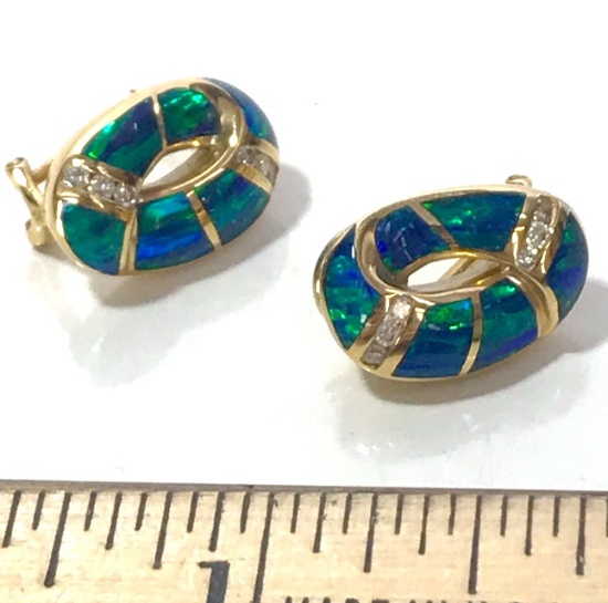 Pair of 14K Gold Earrings with Blue & Green Inlaid Stones & Clear Stones Marked "YH"