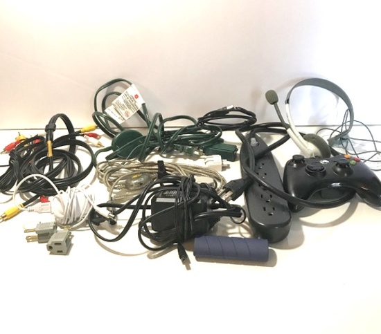 Lot of Extension Cords and Misc Power/Charging Cords with XBox 360 Controller