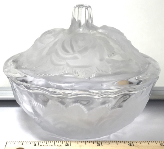 Opaque Etched Floral Glass Dish with Lid