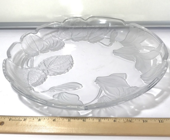 Glass Decorative Platter with Etched Leaf and Flower Designs