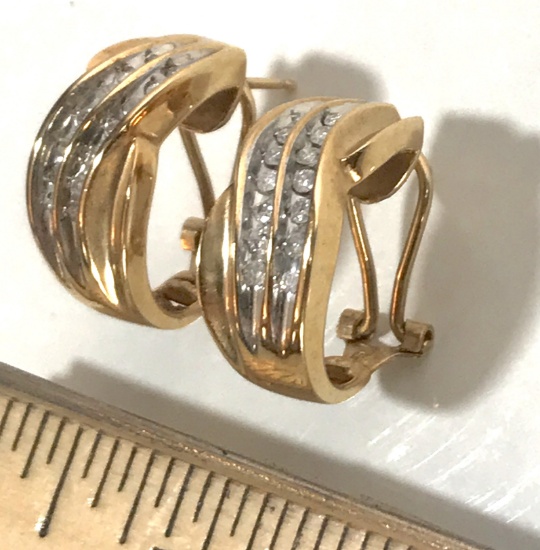 Incredible Pair of 14K Gold Wide Hoop Earrings with Clear Stones (Possibly diamonds)