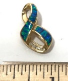 Pretty 14K Gold Slider with Blue & Green Inlaid Stone & Clear Stones Marked 