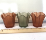 Three Flower Shaped Red & Green Glass Candle Holders