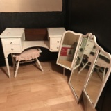 White Vanity with Wicker Stool and Folding Mirror   