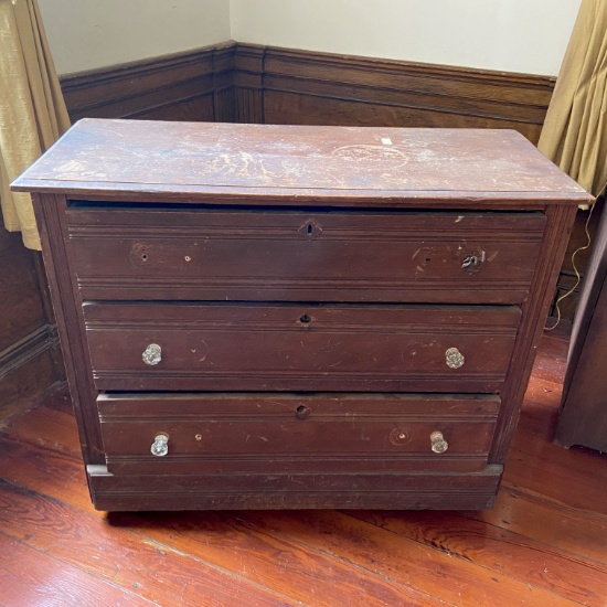 Antique 3 Drawer Chest of Drawers on Casters w/ Some Glass Handles