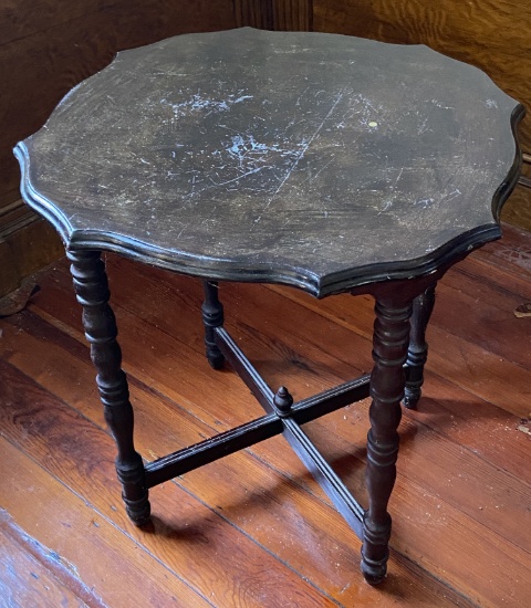 Antique Wooden Side Table with Crossed Stretchers