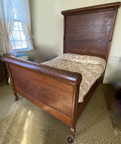 Victorian Era Empire High Back Tiger Oak Full Size Bed w/ Original Metal Box Springs