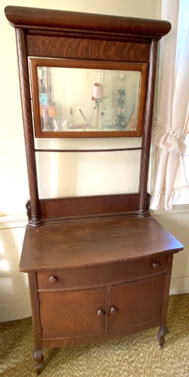 Antique Tiger Oak Wash Stand on Casters w/ Attached Mirror & Towel Bar