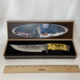 Large Wolf Knife with Carved Handle & Etched Blade in Wooden Collector’s Box